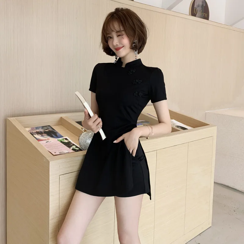 

WOMEN'S Suit 2019 Summer New Products Debutante Elegant Half High Collar Cheongsam Style Tops Waist Hugging Shorts Two-Piece Set