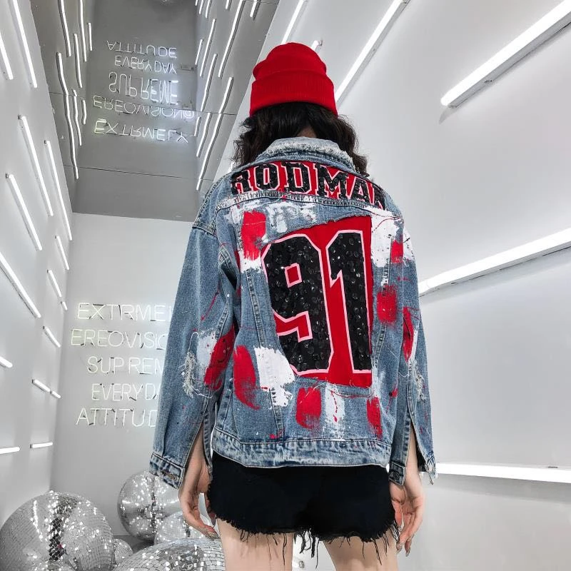 

Loose 2020 Autumn Women Denim Jacket Red Heavy Hand Alphabet Printing Sequins Short Jeans Jacket streetwear Basic Coats NZY73