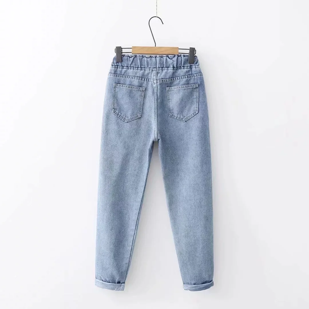 Japanese-style College Style Versatile Washing Retro Side Edge Article Elastic Waist Drawstring Slimming Cowboy Trousers WOMEN'S |