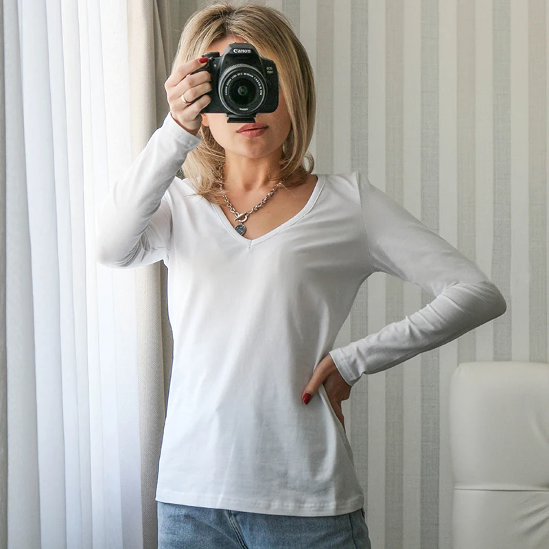 Long Sleeve Tee Shirt Long Col V Femme V Neck Top Manche Longue