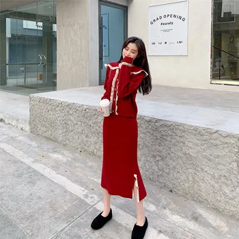 

Spring 2020 New Red Knitted Cardigan Midi Skirt Sets Sweet Janpanese Girls Sweater Suit Fashion Two-piece Sets Women Tracksuit