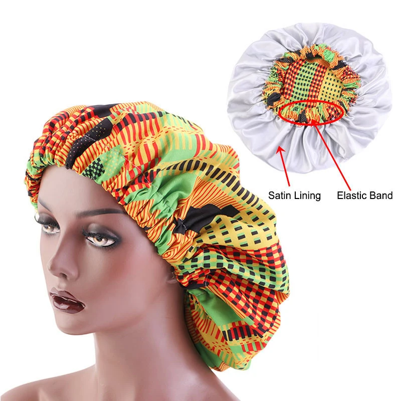 

High quality Extra large printed double-layered nightcap with satin-lined stretch wide-brimmed hat night sleep hat ladies turban