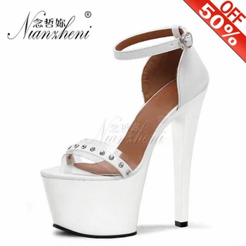 

15cm high heels Clear platform Rivet dance shoes Ankle Strap small yards Gorgeous 6 inch Crystal glitter Stiletto sandals Black