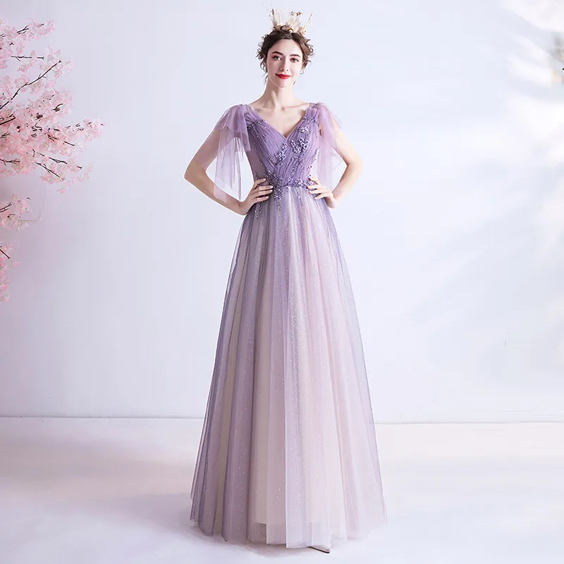 

Handmade fFower Petal Embroidery Amethyst Purple Bridal Wedding Toast dinner Party annual Performance Wedding Dress