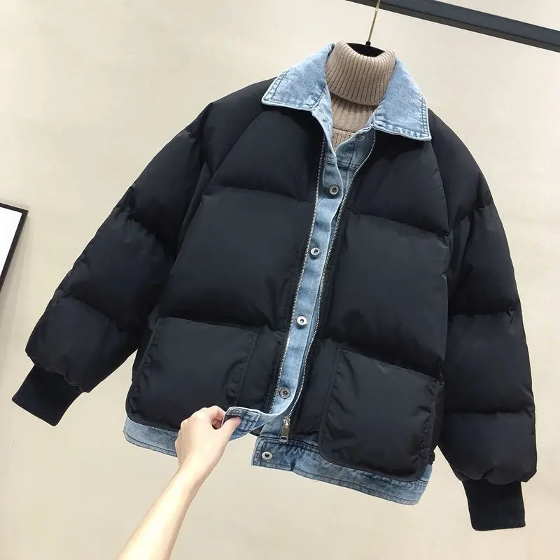 black parkas Harajuku стиль, женская зимняя куртка с хлопковой подкладкой, джинсовое Стеганое пальто, парки Mujer, Повседневная теплая куртка женская верхняя одежда C5923 - Цвет: black parkas