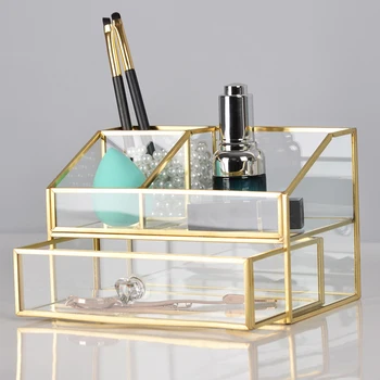 

Transparent Make Up Organizer with Drawer Creative Glass Lipstick Cosmetic Tools Jewelry Box Dressing Table Storage Container