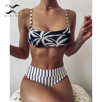 

Plant print bikinis 2020 mujer Bandeau push up swimsuit women Stripe high waist swimwear women Vintage bathing suit Bathers New