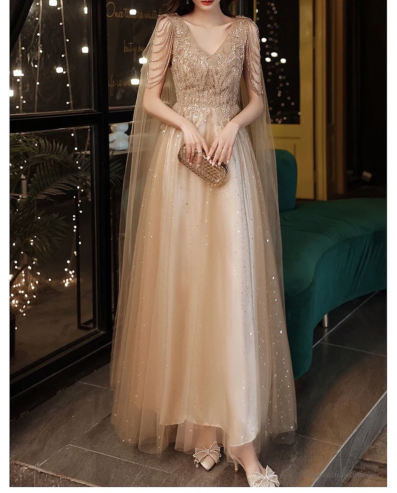 long sleeve prom dresses Champagne Gold Evening Dresses With Cape A Line Sexy V-neck A-line Shiny Luxury Beading  Shawl Formal Celebrity Prom Gowns New prom & dance dresses