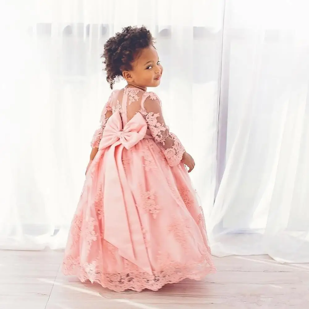 

Pink Long Sleeves Lace Appliqued Flower Girl Dresses For Wedding Pageant Gowns Tulle Floor Length First Communion Kids Dress