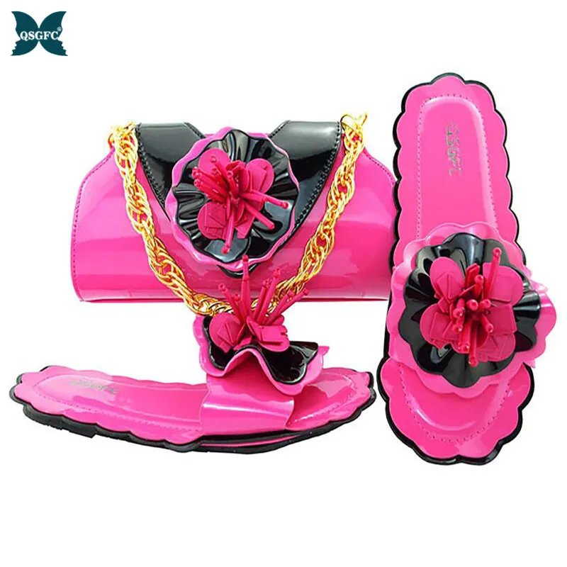 

Newest Shoes and Bag Set Fuchsia Color Italian design Ladies Shoe and Bag Set Decorated with Flower Shape African Party Shoes