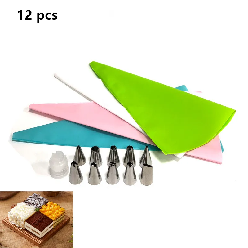 

12 PCS/Set Reusable Pastry Bags +10 Nozzle Set Kitchen DIY Icing Piping Cream Pastry Bag Tips Cookies Cake Decorating Tools