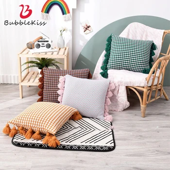 

Bubble Kiss New Tassel Cushion Cover Plaid Pattern Design Home Bedding Pillow Cover Square Office Sofa Cushion Waist Pillowcase