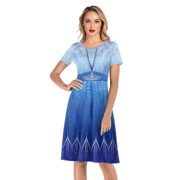 

2020 New Summer Cosplay Alsa Ice Snowflake Graduated Blue 3D Printed Women Short Sleeve Princess Pleated Dress High Waist Dress