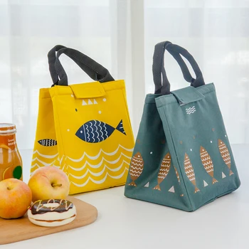 

Portable Insulated Canvas Lunch Bag Waterproof Fish Print Cooler Lunch Bag Thermal Insulated Thicken Bento Case Tote