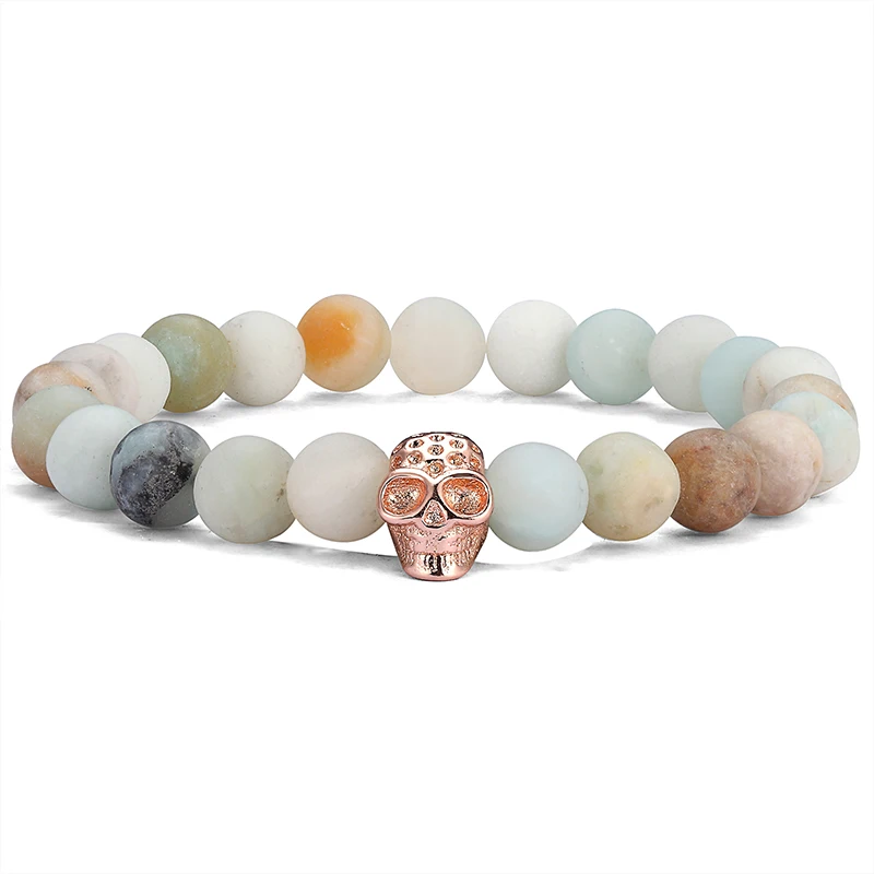LIVVY Punk double skull design bead bracelet 4 color natural stone beaded bracelet men's bicycle bracelet jewelry - Окраска металла: AS1220