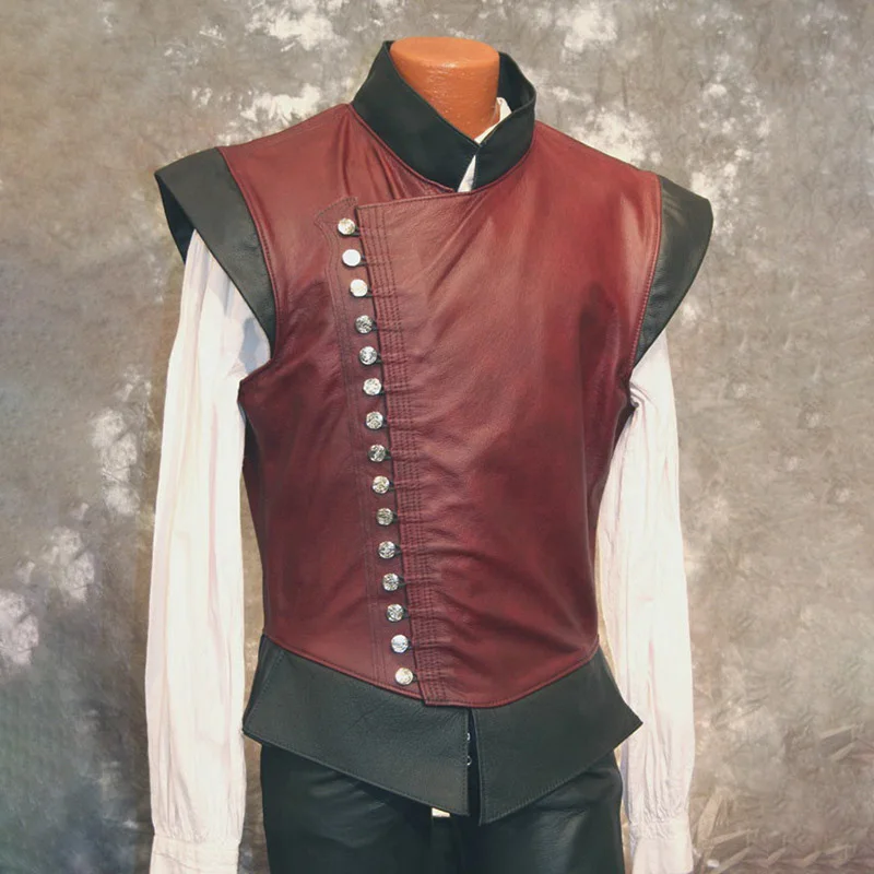 Medieval Vintage Sleeveless Leather Vest Stand Collar Retro Button Jacket Single-breasted Waistcoat Renaissance Cosplay For Men