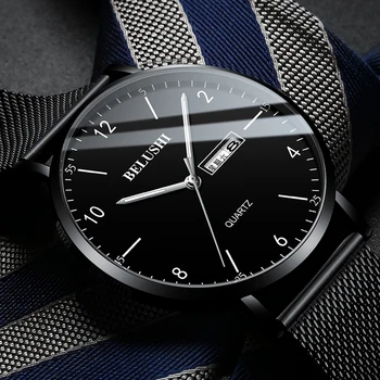

BELUSHI Ultra Thin Male Quartz Wristwatch Dual Calendar Simple Style Men's Casual Business Watches Mesh Steel Men Wristwatch