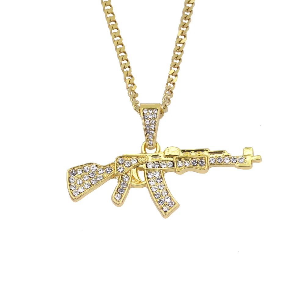 Bling bling AK-47 вращающийся пистолет-пулемет, в стиле «хип-хоп» золото cеребро кулон кристалл ожерелье, льдом кубинская цепь ювелирные изделия