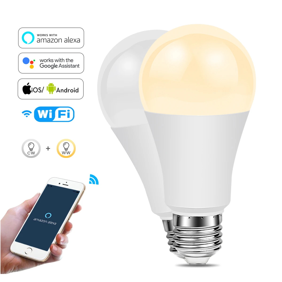 Dimmable 15W E27 WiFi Smart Light Bulb LED Lamp CCT White+Warm White