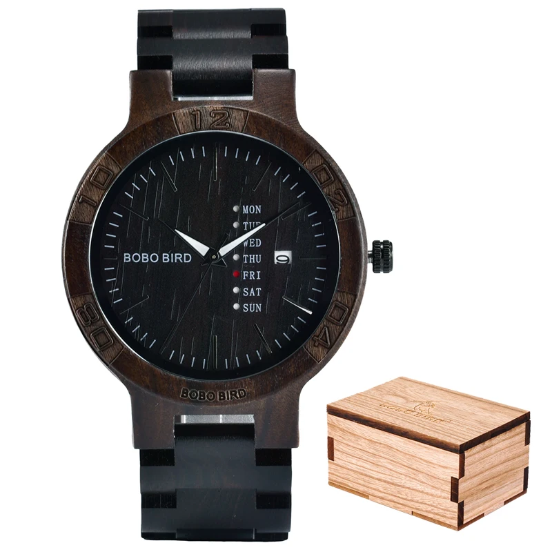 

reloj hombre BOBO BIRD Ebony Watch Men Top Luxury Brand Date Week Handmade Watches for Man Clock Wooden Box relogio masculino