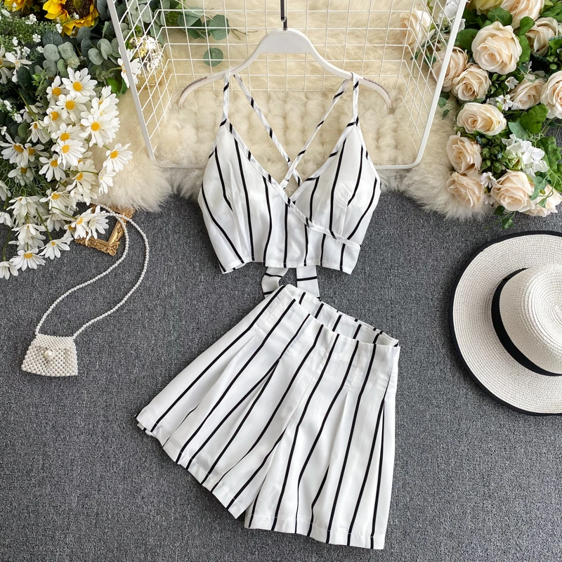 

Pure suit female two-piece seaside vacation style open back camisole short stripe wide leg shorts tide