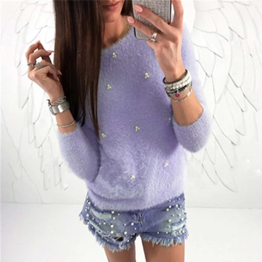 Hot Winter Women Fashion Faux Pearl Beading Solid Color Plush Long Sleeve Pullover Solid Color Warm Polyester Spandex pullover