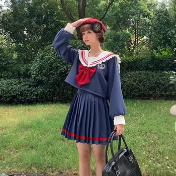

New Style Princess Snow White Series Lolita Suit Long Sleeve Sailor Collar Tops Women Girls Skirt Blue Sailor Suit