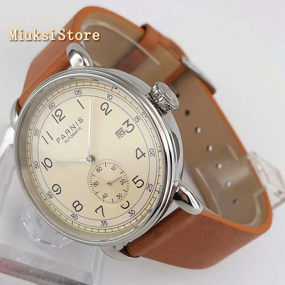 42mm top brand Parnis new men's mechanical watch silver case date leather seagull 1731 automatic movement fashion watches