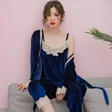 Модный зимний теплый женский халат и халат, комплект из 3 предметов, женская пижама, сексуальный кружевной халат с длинным рукавом, утепленный домашний костюм