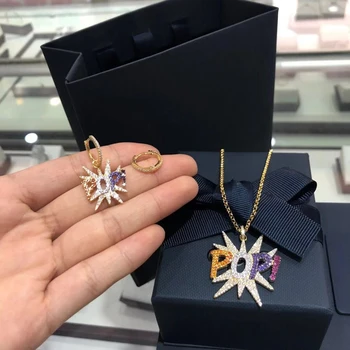 

Hot Multicolor Zircon Letters POP Charm Necklace Dangle Earrings Jewelry Set 925 Silver Micro Cubic Zirconia Stones for women