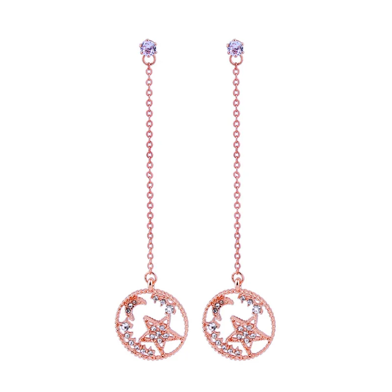 Fashion Drop Earrings Jewelry Bijoux Rose Gold Color Long Chain Hollow-Out Circle Stars Crystal Dangle Earring For Women Girls | Украшения