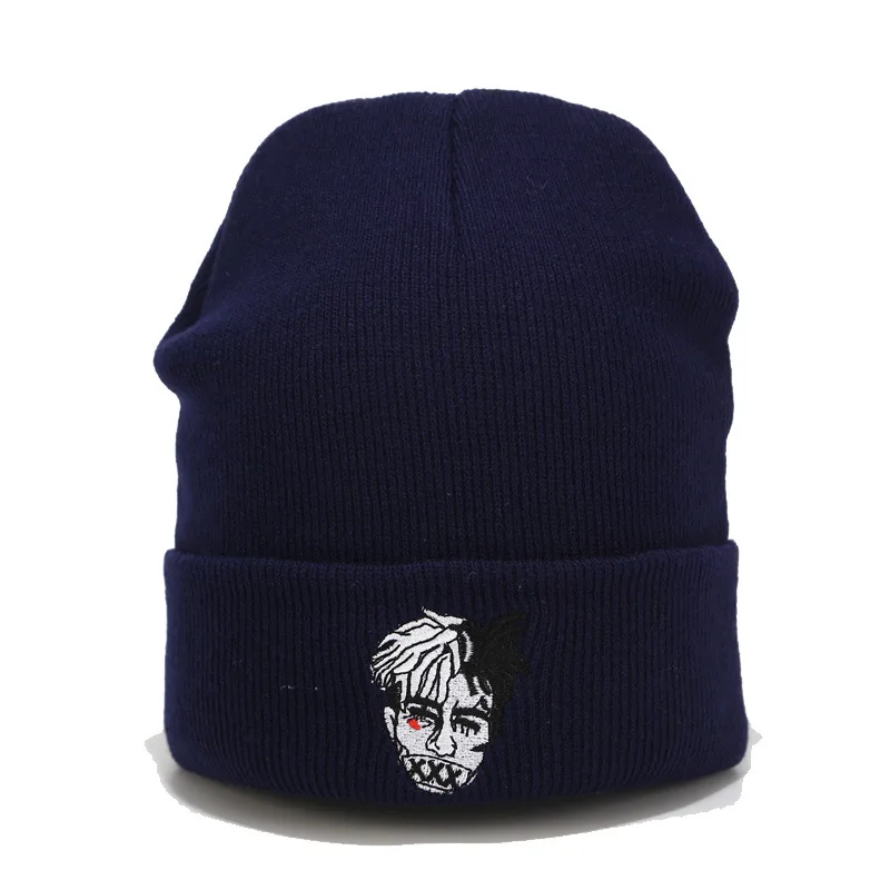 Стиль Мужская Рэп певица XXXTentacion шапочка зимняя теплая вязаная вышивка хип-хоп шапка для фанатов - Цвет: Navy