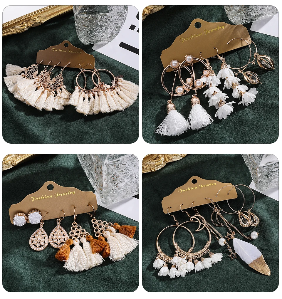 2020 Boho Big Round Circle Beige White Tassel Earrings Set For Women Ethnic Vintage Bohemian Fringe Earring Bride Wedding Jewelry Accessories Wholesale Dropshipping (2-1) (3)