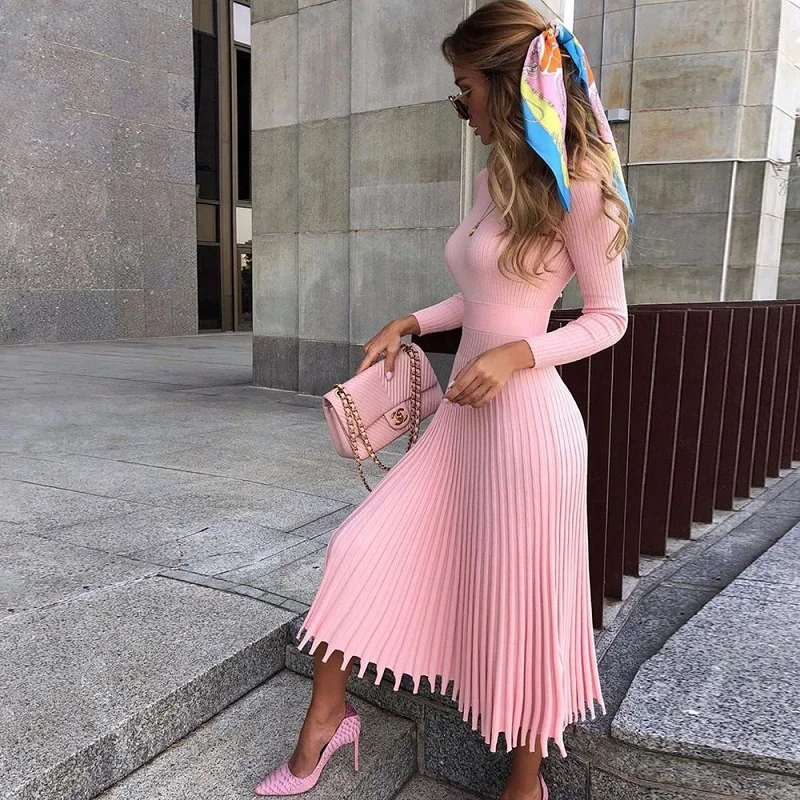 #Special Offers 2019 New Arrivals Fashion Round Neck Long Sleeve Sweater Dress Autumn Knitted Women Pink Red Sky Blue Black Purple Midi Dresses