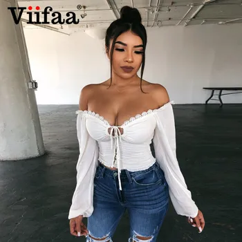 

Viifaa Lace Insert White Tie Front Frilled Long Sleeve Shirred Crop Blouses Women Button Off Shoulder Sexy Streetwear Tops