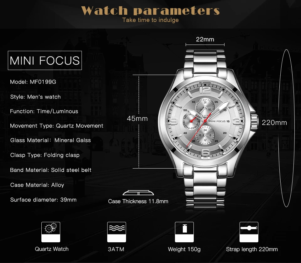 MINIFOCUS, мужские часы, Лидирующий бренд, деловые мужские часы, многофункциональные кварцевые часы, мужские водонепроницаемые часы из нержавеющей стали