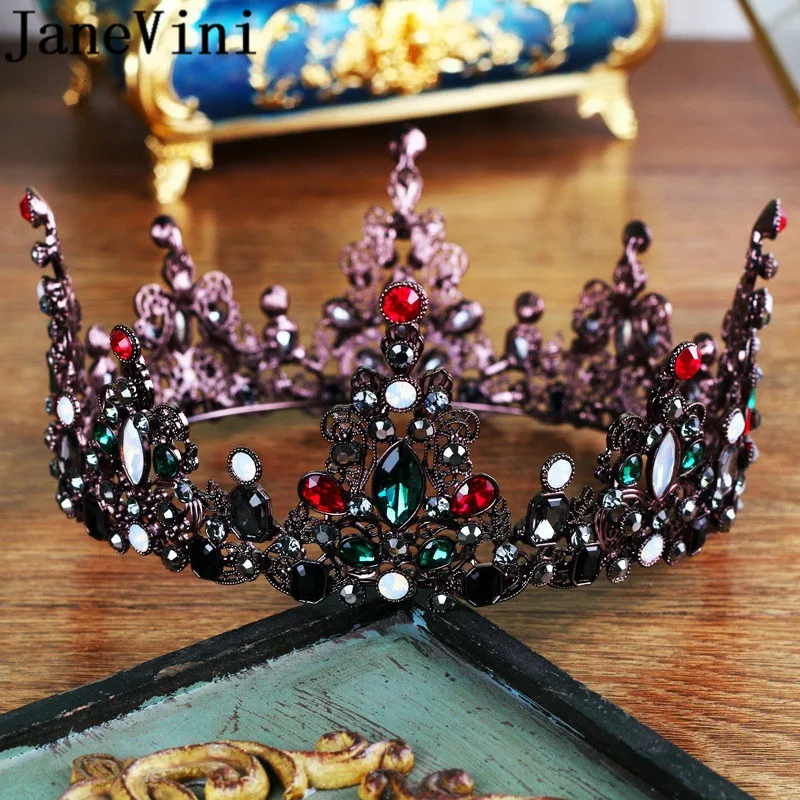 

JaneVini Gothic Bridal Round Crown Queen Fashion Jewelry Red Green Black Crystal Baroque Bride Tiaras Crowns Pageant Headpieces