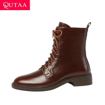 

QUTAA 2020 Ankle Boots Cow Leather Round Toe Autumn Winter Women Shoes Zipper Lace Up Square Heel Women Short Boots Size 34-41