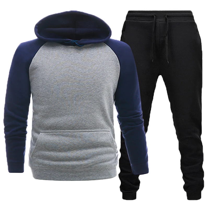 Tops Blue Grey Новинка, модные зимние мужские термо спортивные комплекты, флисовые толстые спортивные толстовки, костюм с капюшоном+ спортивные штаны - Цвет: Tops Blue Grey
