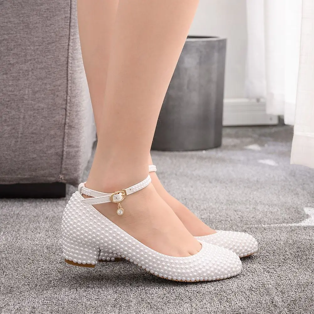 

3cm Low Heels White Pearls Wedding Shoes Bride Ankle Strap Handmade Chunky Heeled Pumps