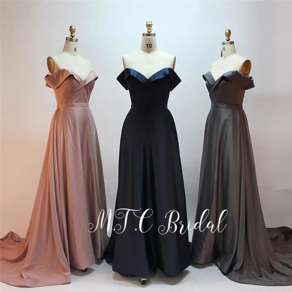 

Vestido De Festa Long Simple Evening Dress 2019 Off The Shoulder A Line Elastic Satin High Quality Women Party Dresses Cheap