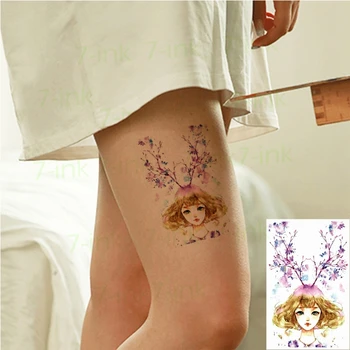 

Waterproof Tattoo Stickers purple flower Tree branch Pretty girl Temporary Tattoos Fake totem tattoo for Women Men Body Art