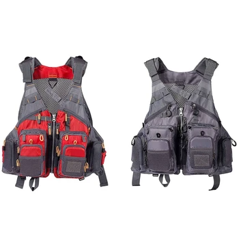 

2x Fly Fishing Mesh Vest Jacket Life Vest Adjustable Strap for Men and Women for Fly Bass Fishing Black & Red
