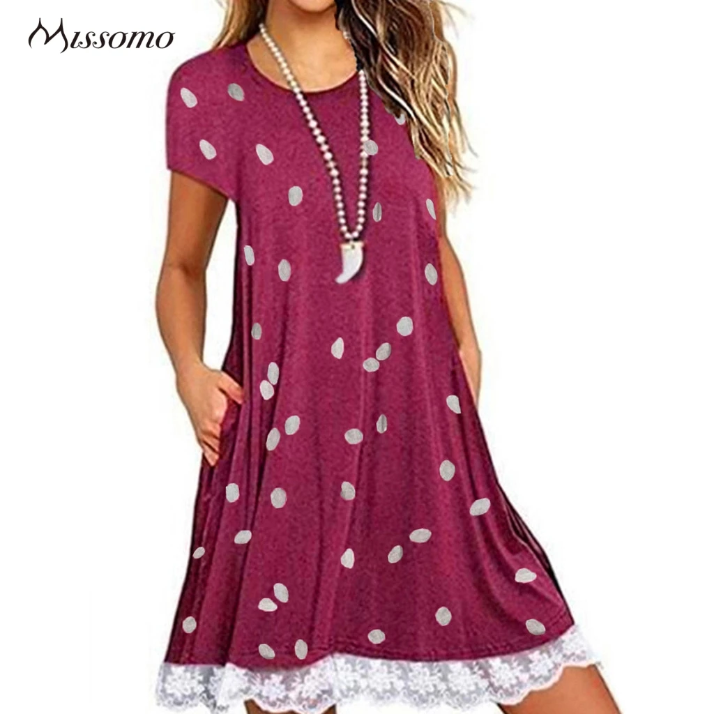 MISSOMO Summer Women Dress 2020 Ladies Casual Dot Print Lace Short Sleeve Boho Pockets Mini Elegant Vestidos Plus Size 5XL | Женская