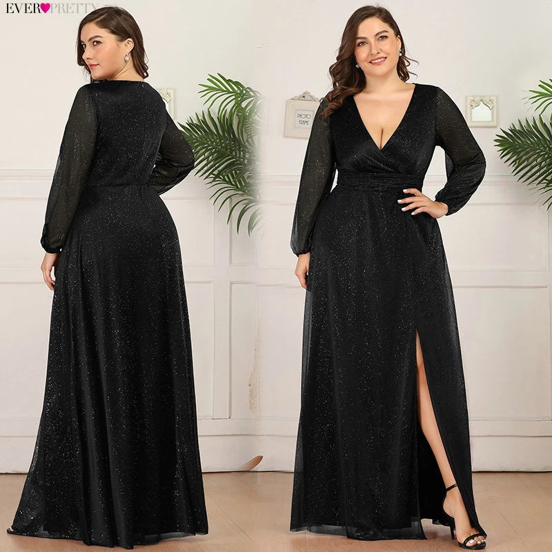 Plus Size Burgundy Prom Dresses Ever Pretty A-Line Deep V-Neck Side Split Long Sleeve Sexy Sparkle Formal Party Gowns Sukienki