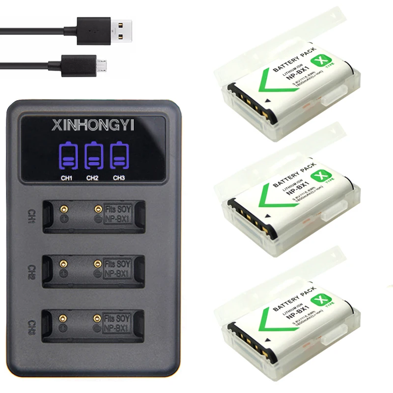 

3x NP-BX1 Battery NP BX1 + LED 3-Slots USB Charger for Sony DSC RX1 RX100 AS100V M3 M2 HX300 HX400 HX50 HX60 GWP88 AS15 WX350