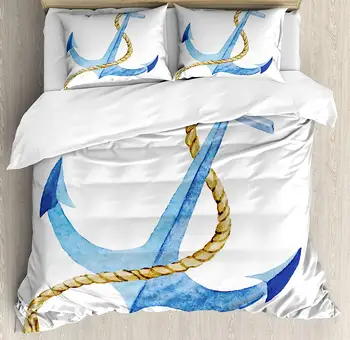 

Anchor Duvet Cover Set Watercolor Beach Things Coastal Design Ocean Adventure Journey Decorative 3 Piece Bedding Set with 2 Sham