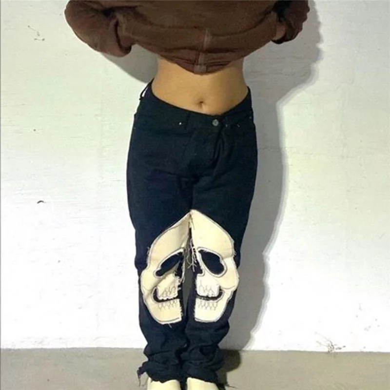 cargo pants for women Akaily Autumn Streetwear Baggy Jeans Women Black High Waist Skull Pants Ladies Casual Fashion Black Graphic Wide Leg Jeans 2021 cargo pants for women