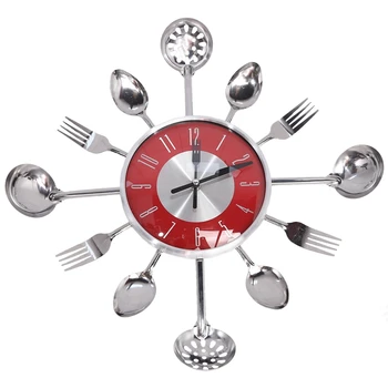 

Decorative Wall Clock Metal Spoon Fork Kitchen Wall Clock Tableware Creative Design Home Decoration,Red