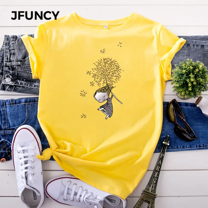 Футболка JFUNCY женская с коротким рукавом Модный хлопковый топ принтом